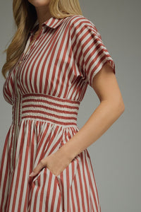 Smocked Striped Midi Dress (rust)