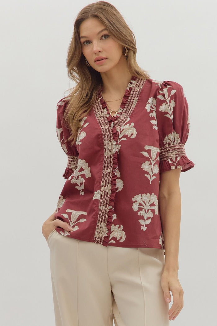 Maroon Floral Puff Sleeve Blouse
