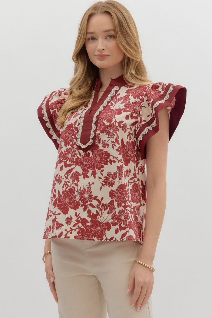 Maroon Floral Flutter Blouse