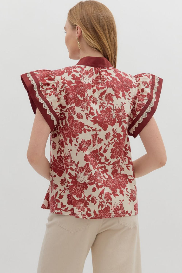 Maroon Floral Flutter Blouse