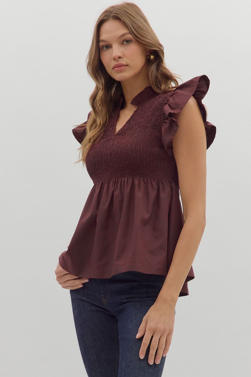 Smocked Maroon Ruffled Top