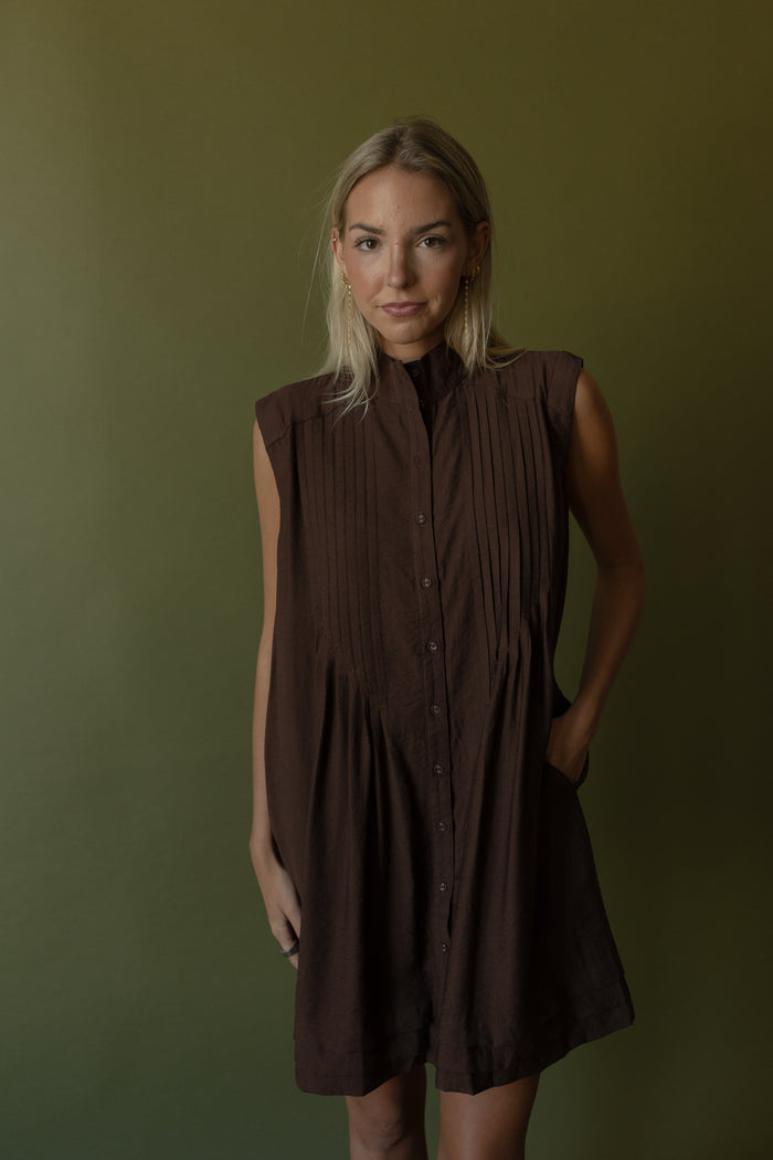Alder Pleated Mini Dress (brown) - GEORGE-MARY'S