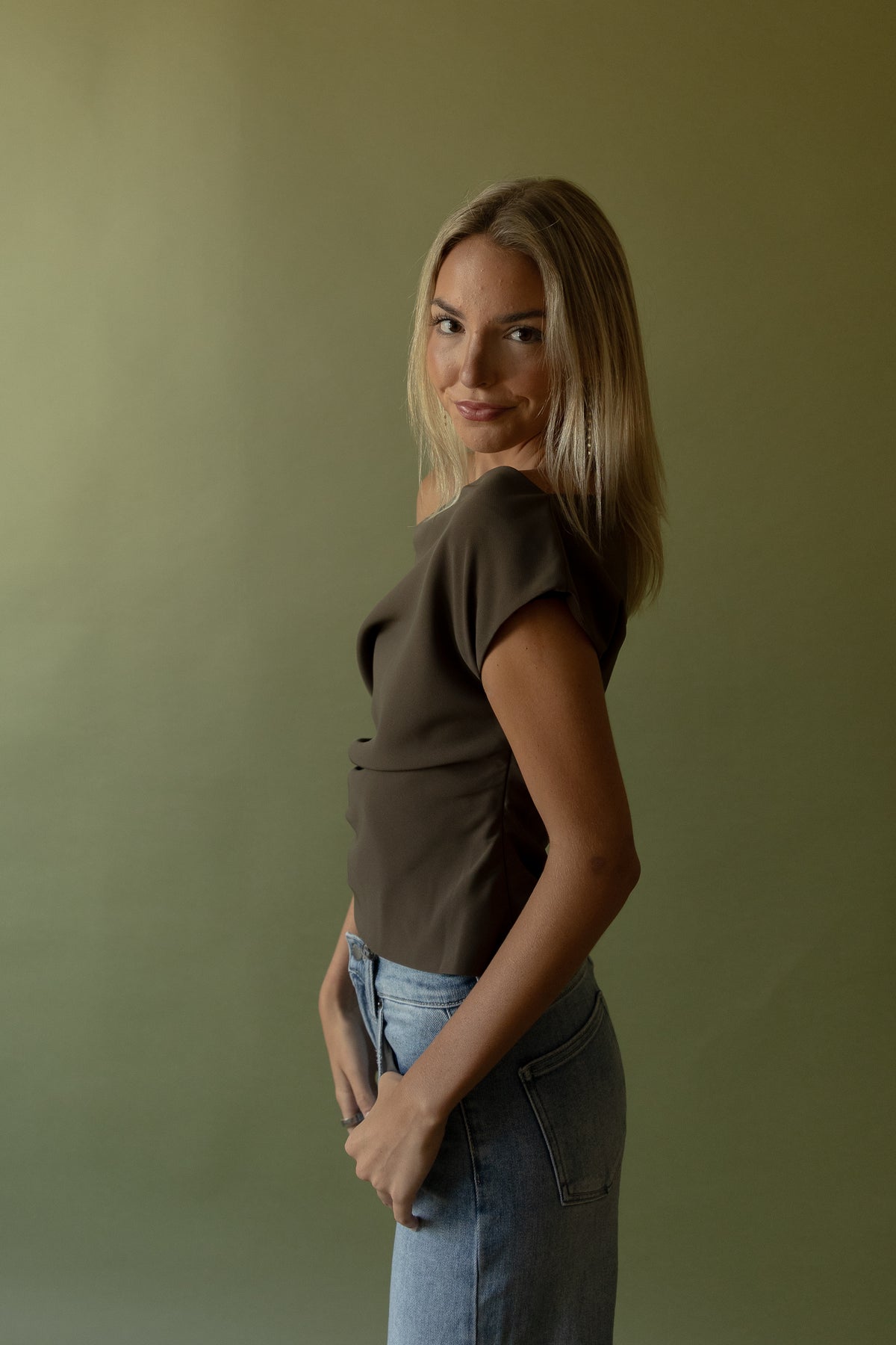 Draped Shoulder Top (brown) - GEORGE-MARY'S