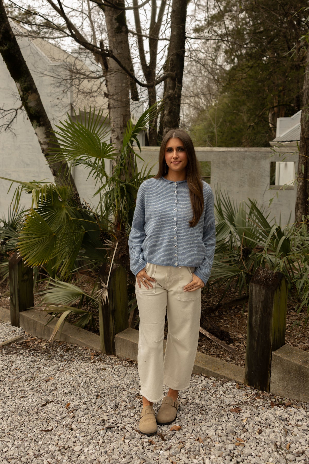 The Piper Cardigan (dusty blue pinstripe) - GEORGE-MARY'S