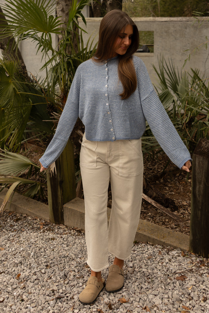 The Piper Cardigan (dusty blue pinstripe) - GEORGE-MARY'S
