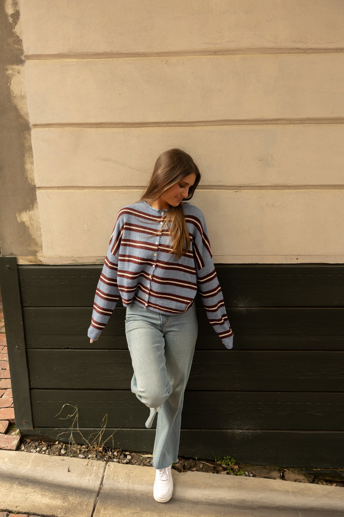 The Piper Cardigan (blue varsity stripe) - GEORGE-MARY'S