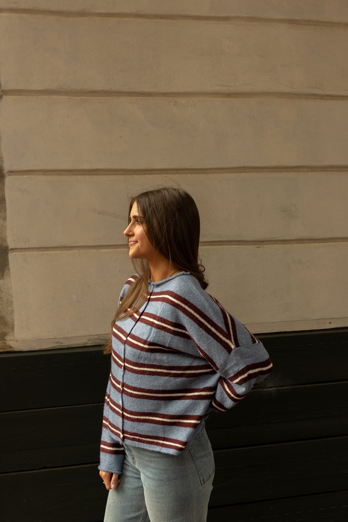 The Piper Cardigan (blue varsity stripe) - GEORGE-MARY'S