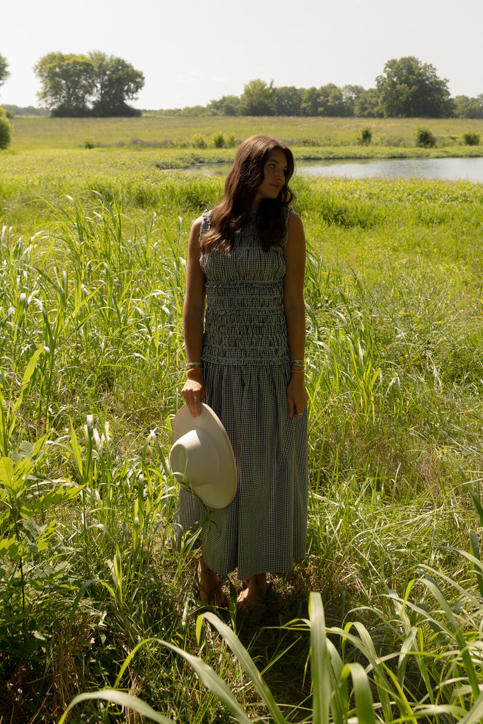 Gingham Shirred Maxi Dress (black) - GEORGE-MARY'S