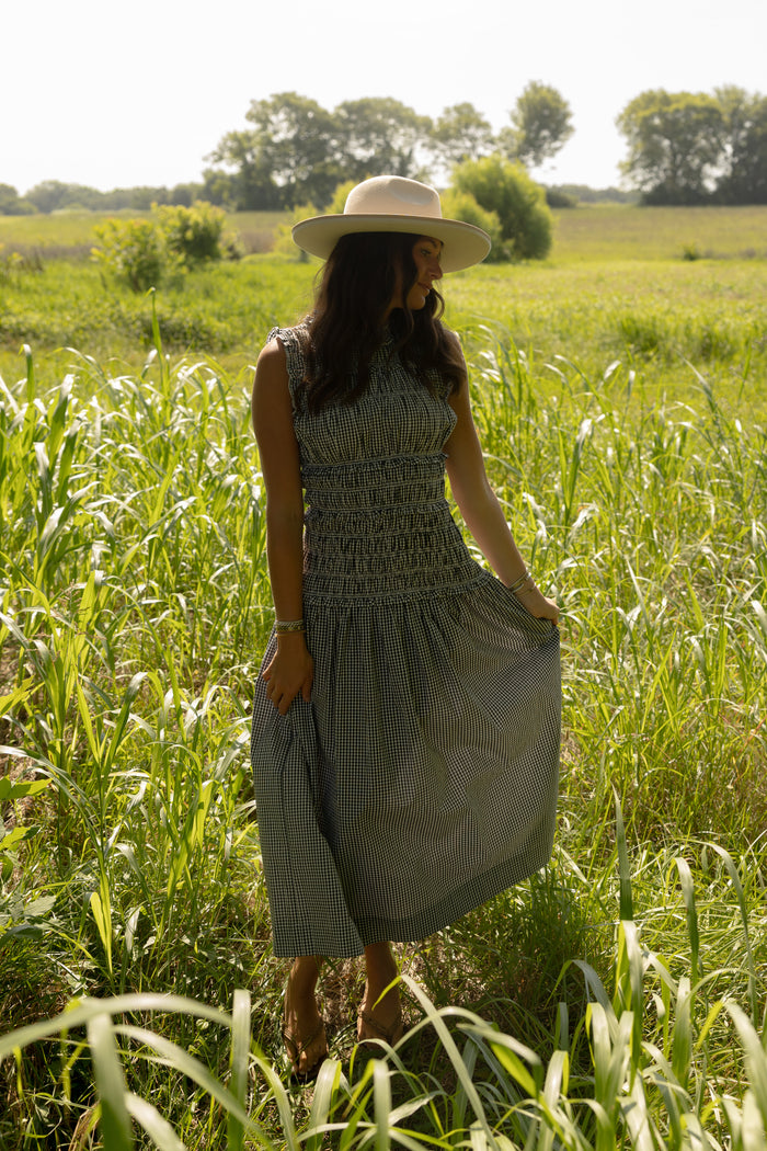 Gingham Shirred Maxi Dress (black) - GEORGE-MARY'S