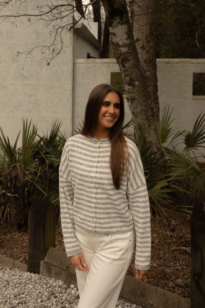 The Piper Cardigan (grey stripe) - GEORGE-MARY'S