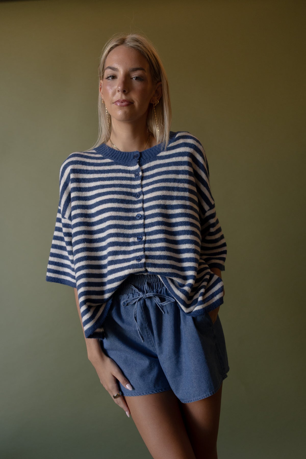 Cropped Boxy Sweater (navy stripe)