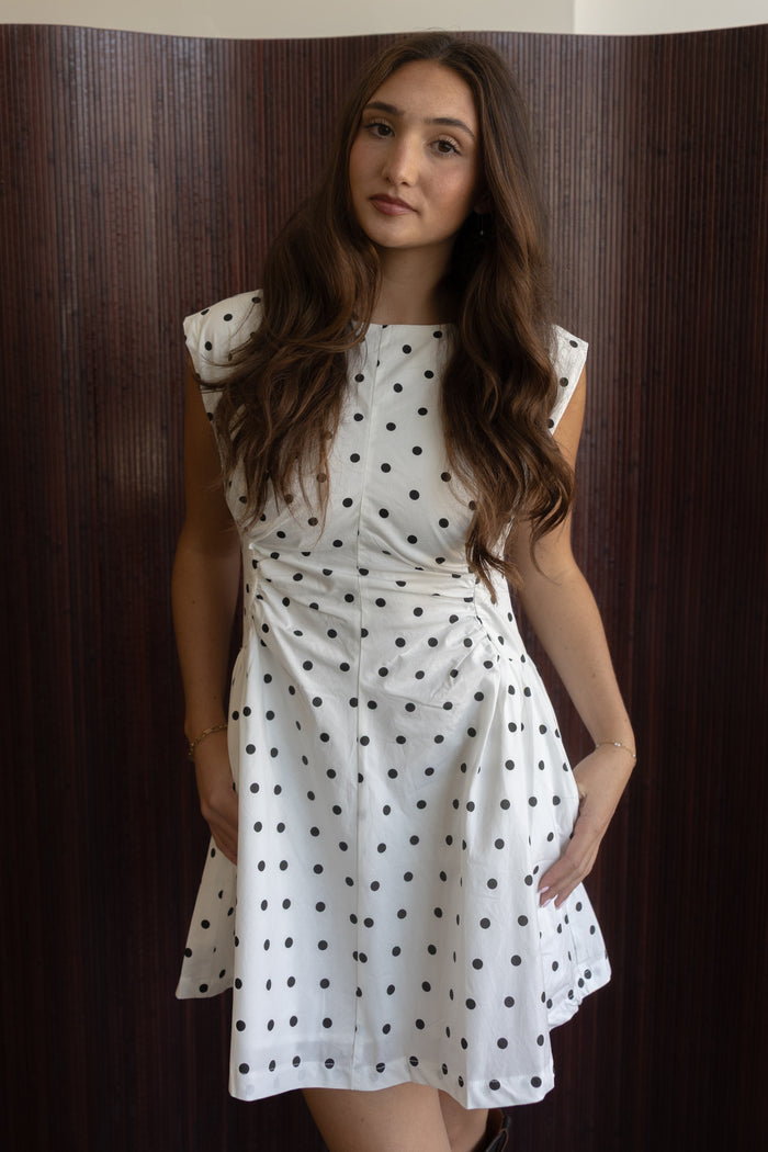 Resa Rouched Dress (ivory polka dot)