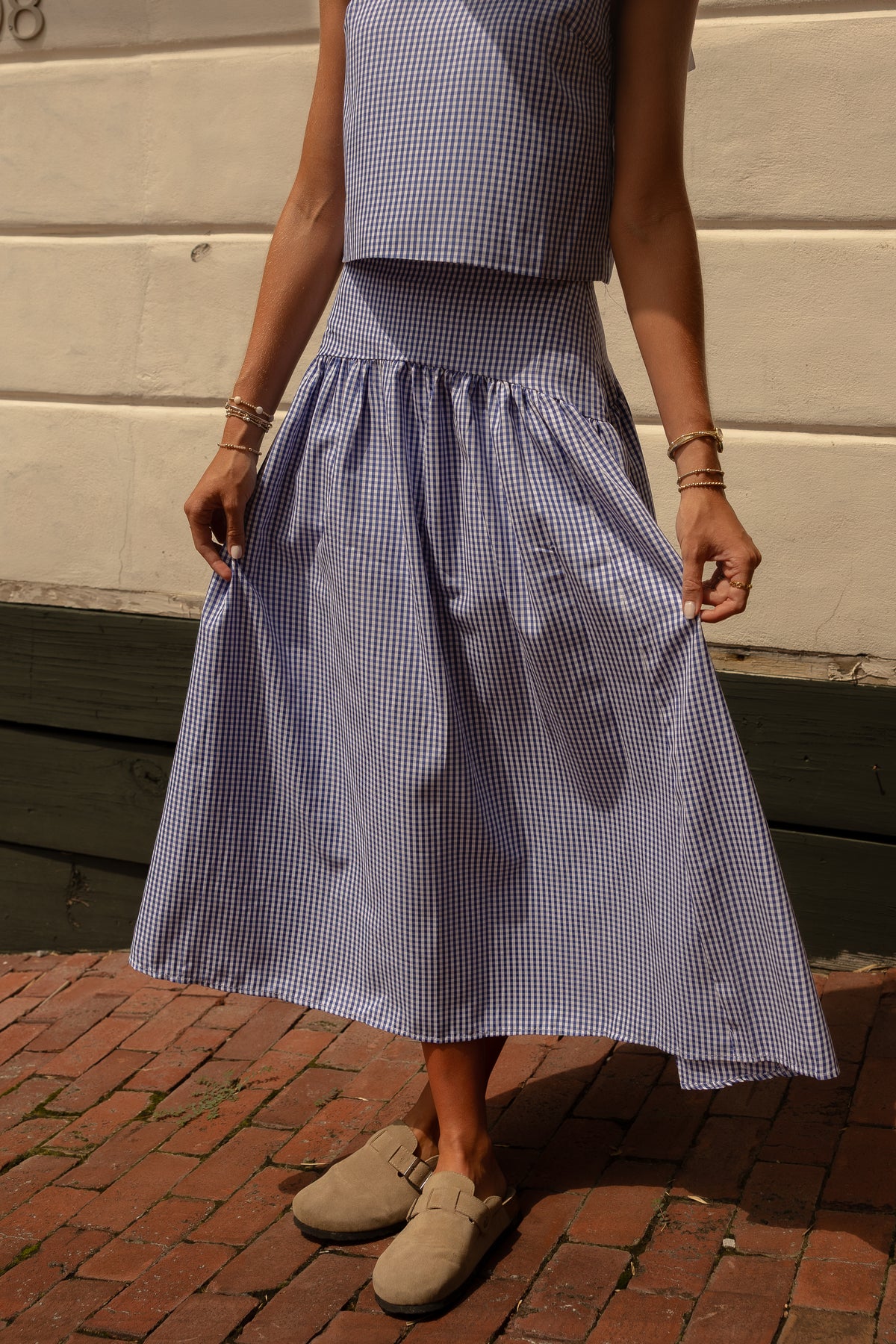 Gingham Cuved Yoke Skirt (navy)