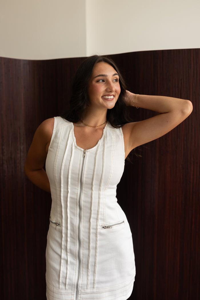 White Twill Zipper Dress