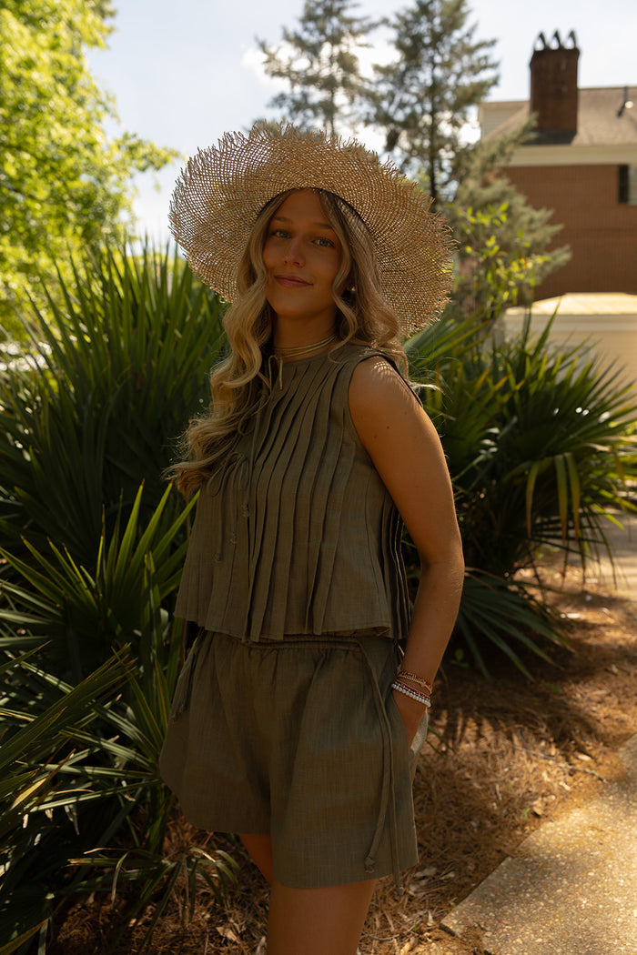Beckett Linen Pleat Top (olive) - GEORGE-MARY'S