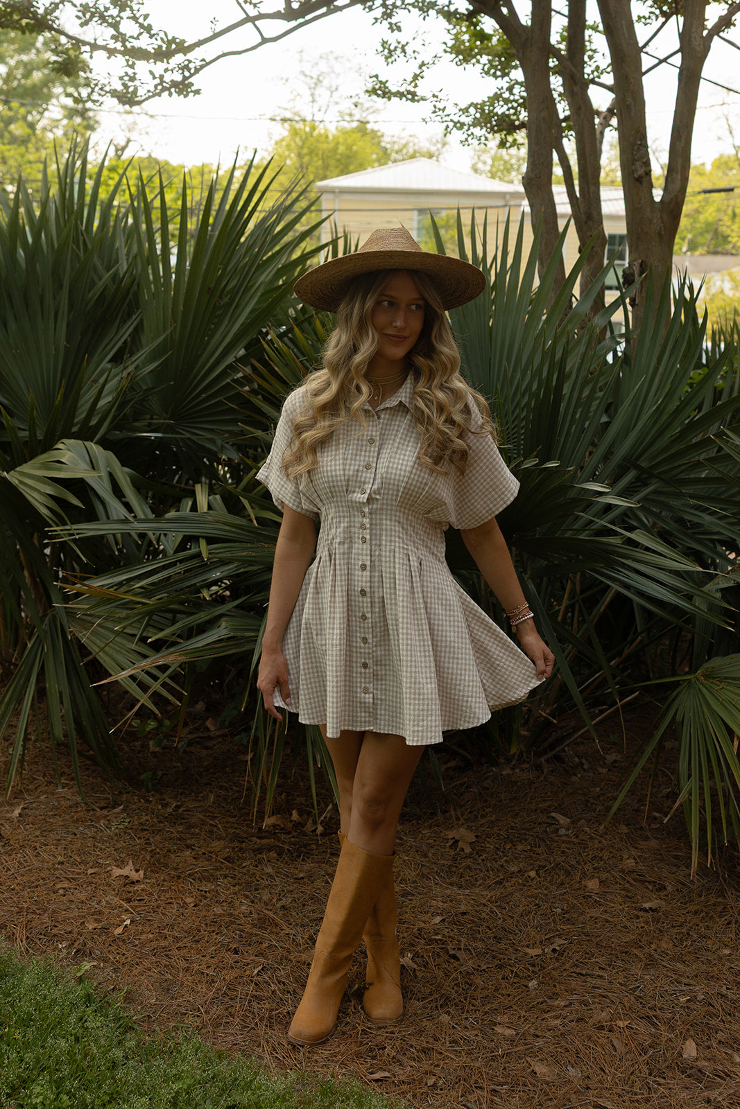 Gingham Patterned Dress (beige) - GEORGE-MARY'S