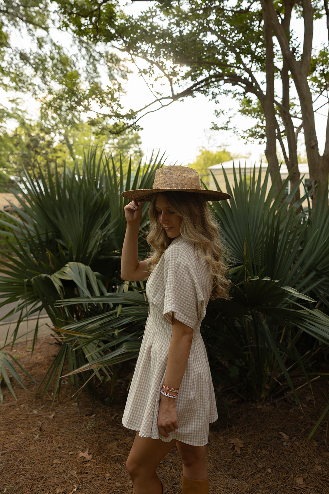 Gingham Patterned Dress (beige) - GEORGE-MARY'S