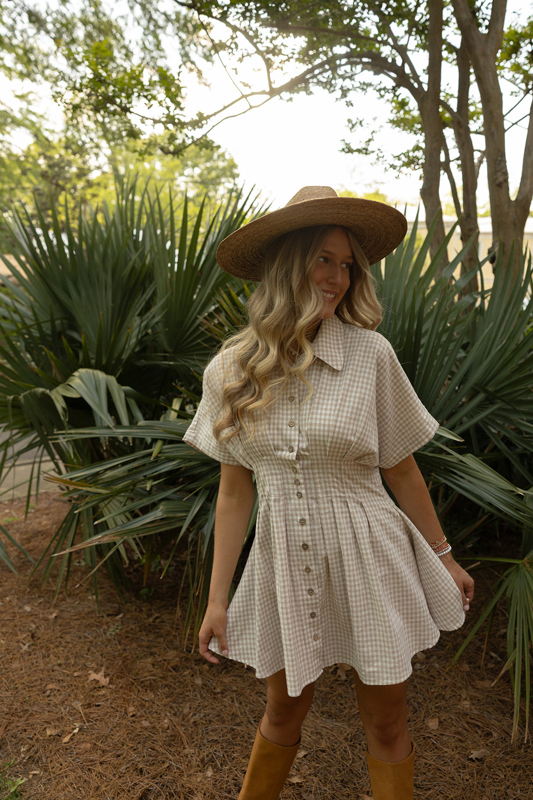 Gingham Patterned Dress (beige) - GEORGE-MARY'S