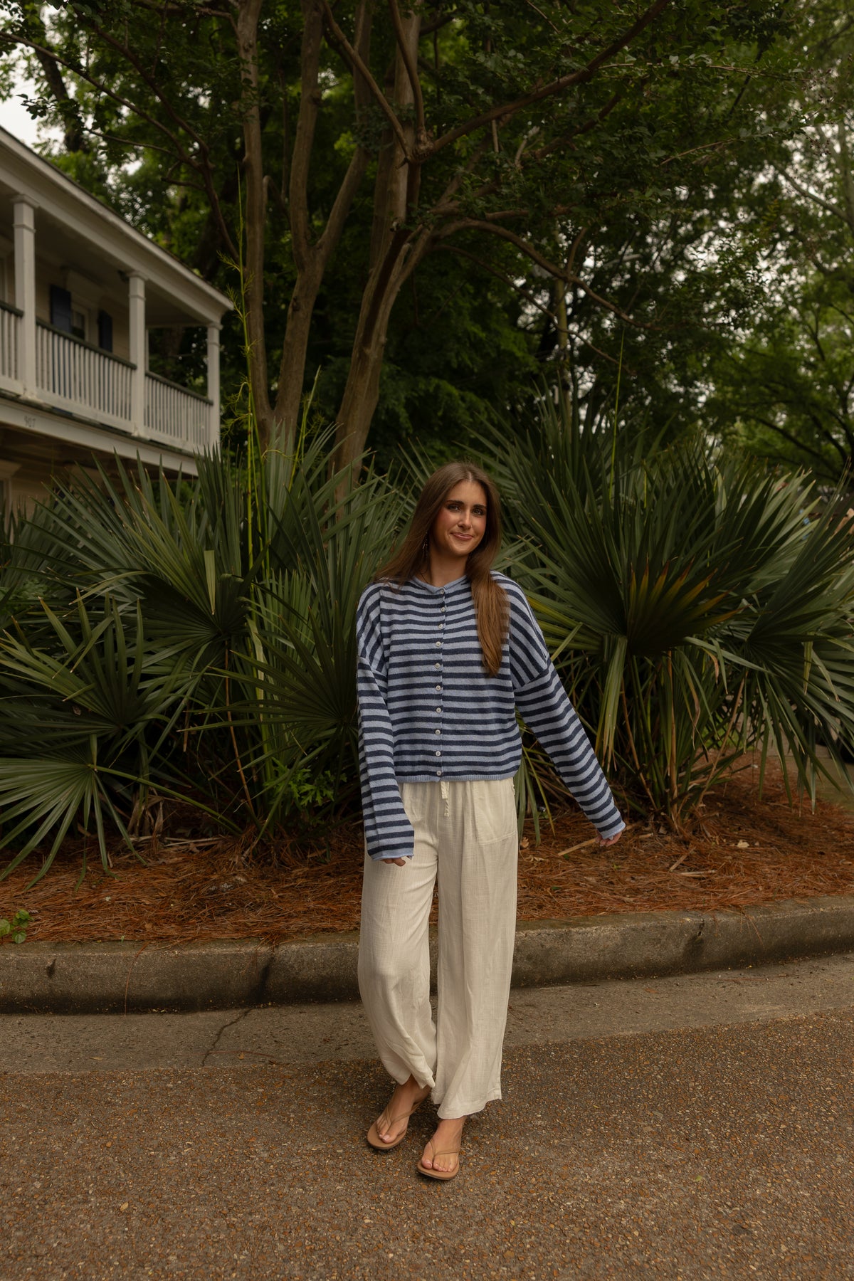 Piper Cardigan (dusty dark blue stripe) - GEORGE-MARY'S