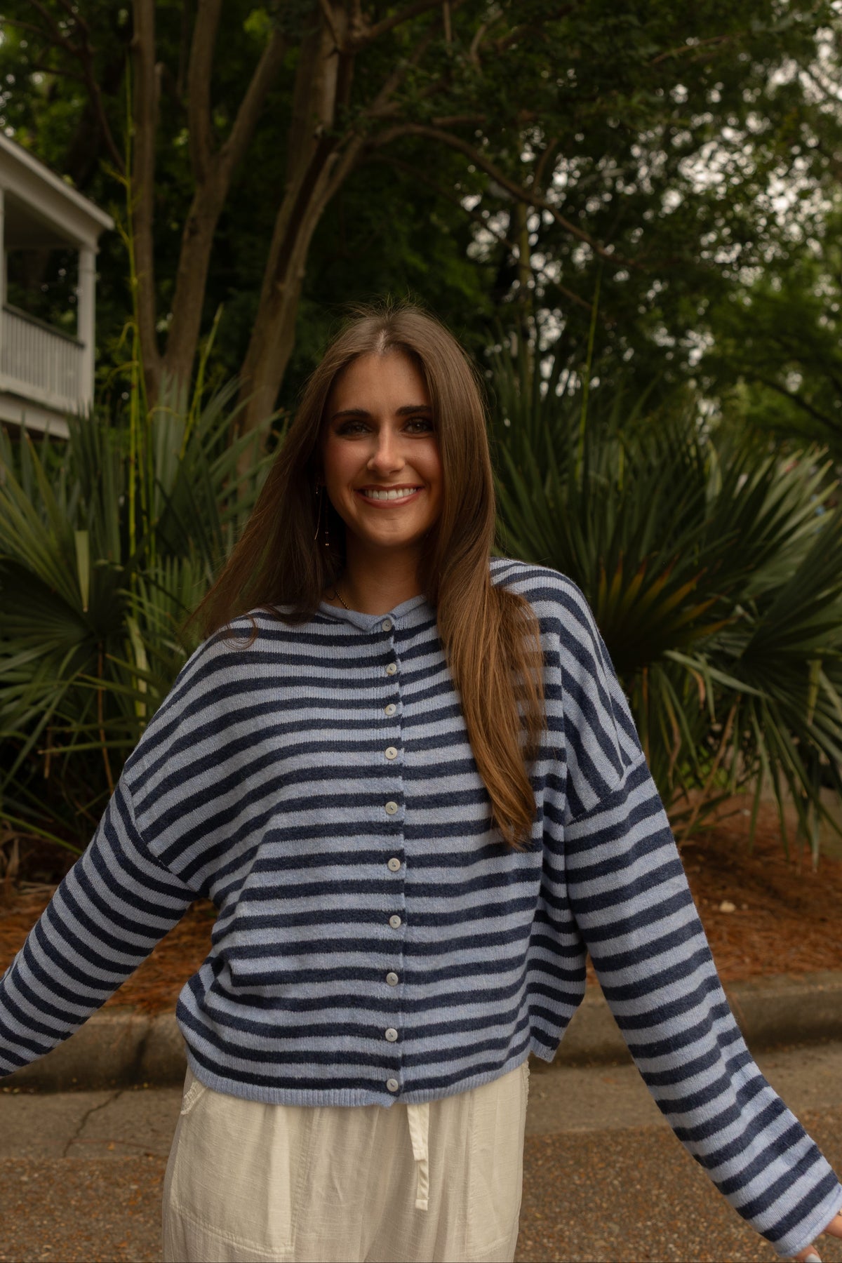 Piper Cardigan (dusty dark blue stripe) - GEORGE-MARY'S