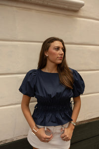 Lola Smocked Puff Sleeve Top (navy)
