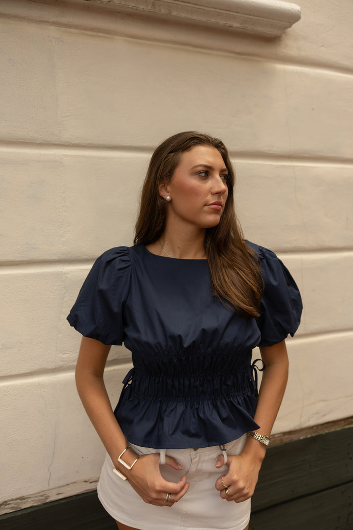 Lola Smocked Puff Sleeve Top (navy)