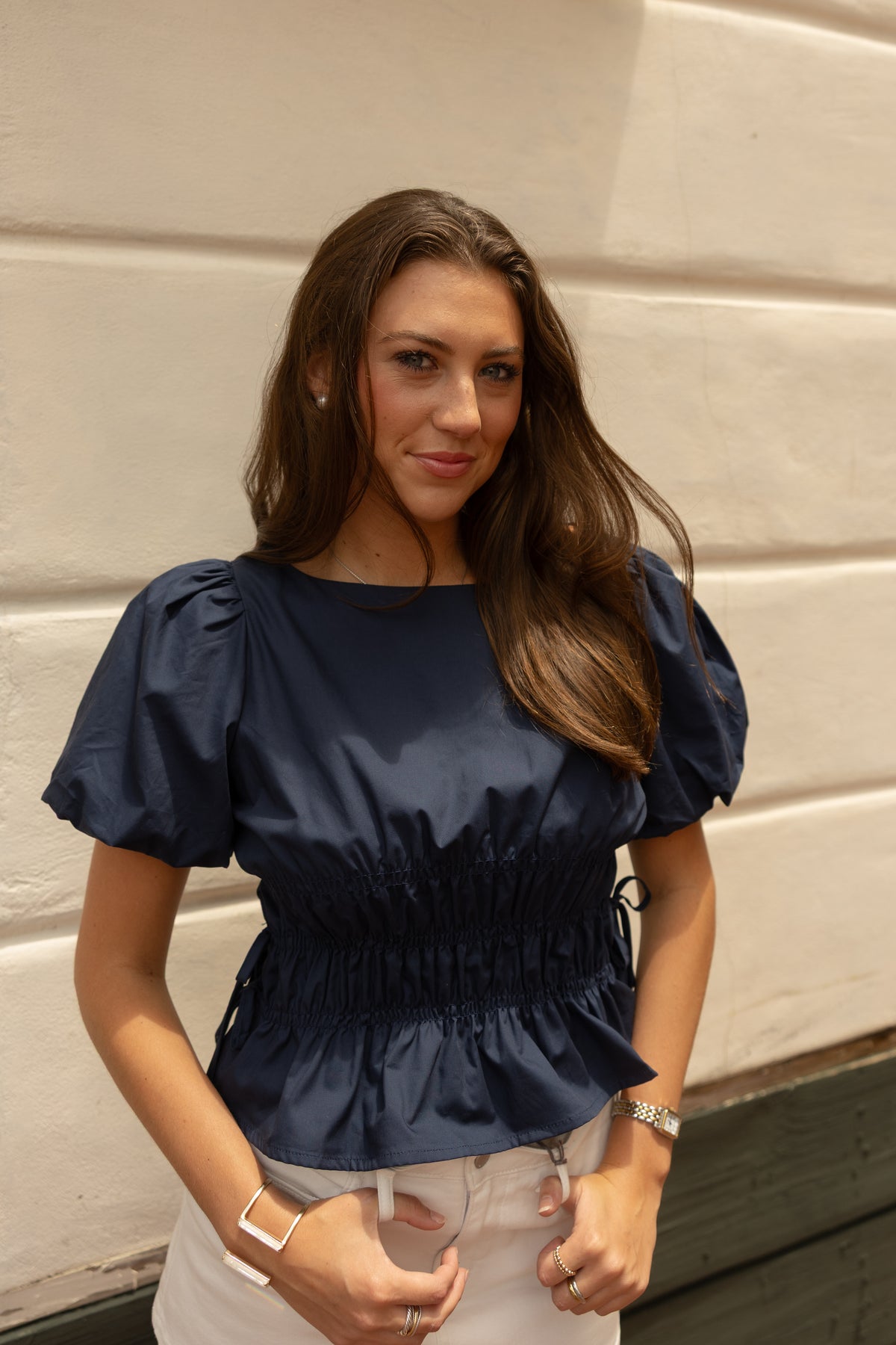 Lola Smocked Puff Sleeve Top (navy)