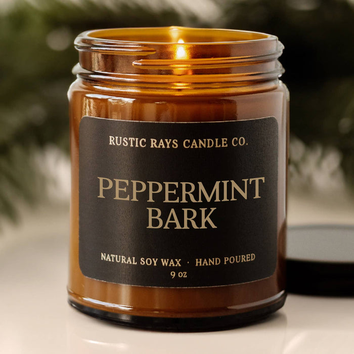 Peppermint Bark Soy Candle - Winter Candle - Amber Jar - 9oz - GEORGE-MARY'S