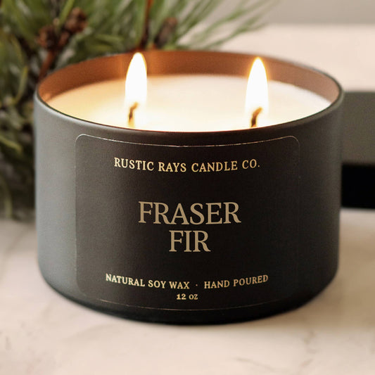 Fraser Fir Soy Candle - Winter Candle - Black Tin - 12 oz